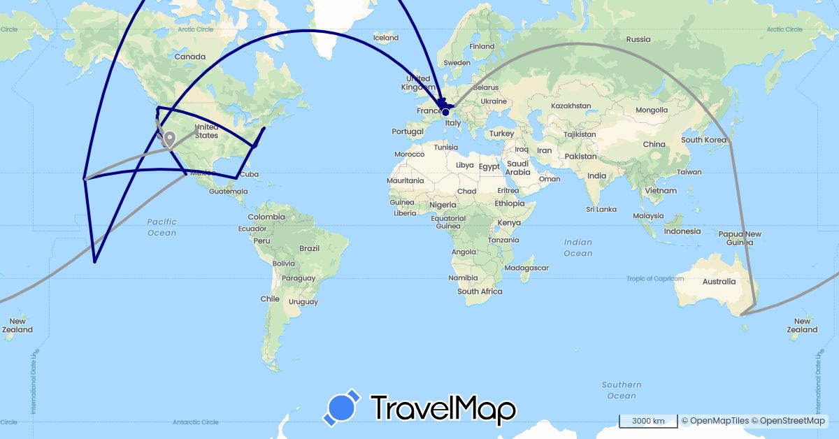 TravelMap itinerary: driving, plane in Austria, Australia, Switzerland, Germany, France, Italy, Japan, Liechtenstein, Luxembourg, Mexico, United States (Asia, Europe, North America, Oceania)
